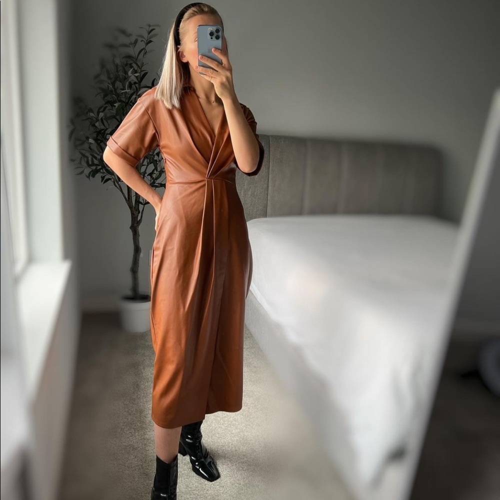 Zara Brown Faux Leather Faux Wrap Shirt Dress - Picture 9 of 16